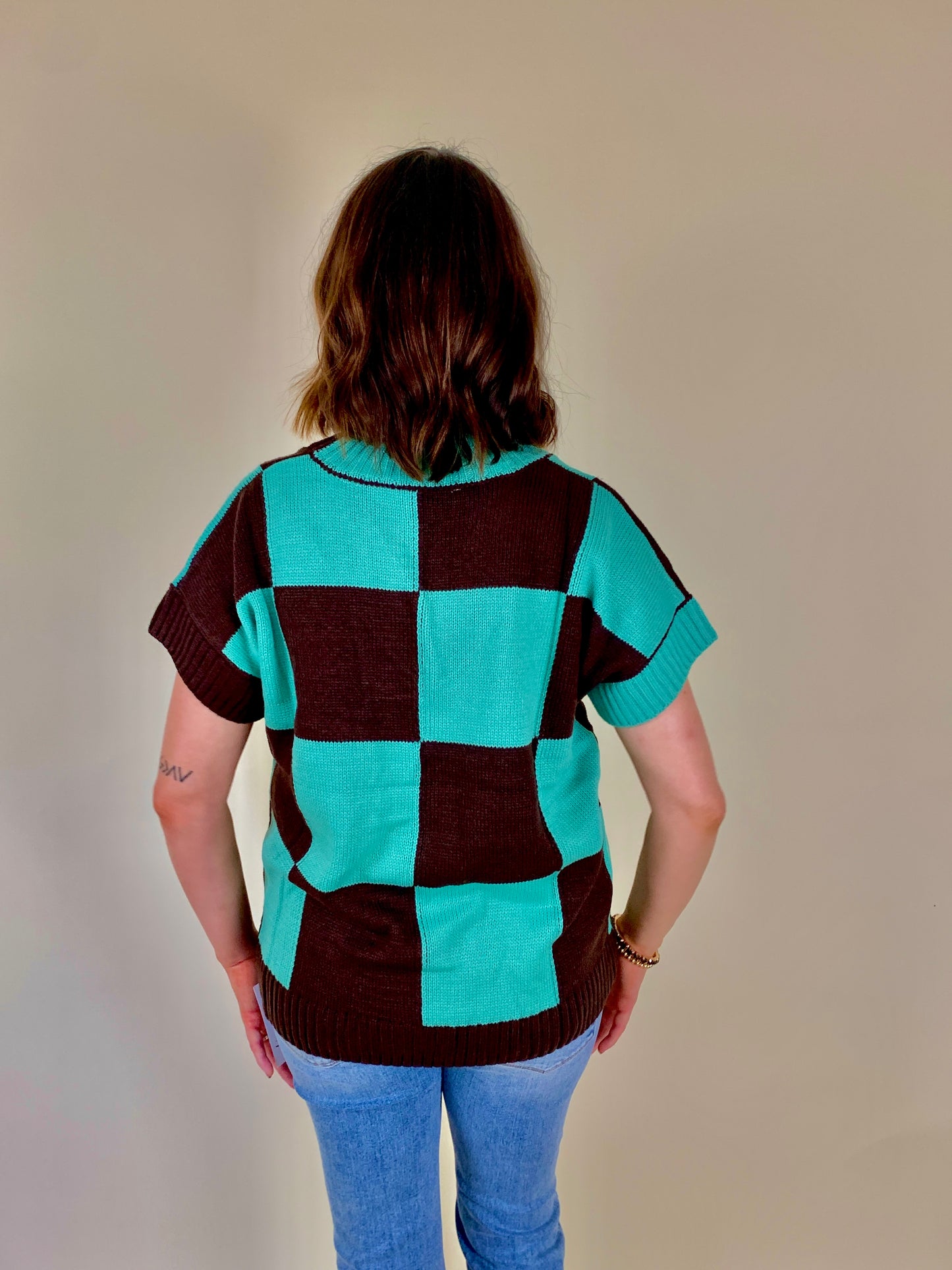 Checkered Pattern V Neck Sweater